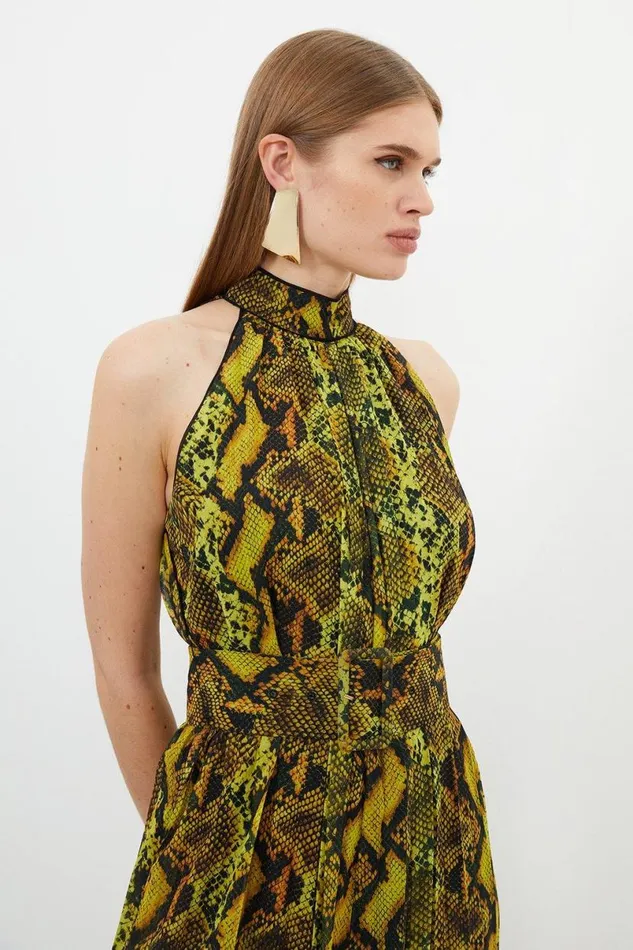 Snake Print Georgette Woven Halter Pleated Jumpsuit Snake Women Karen Millen Dresses