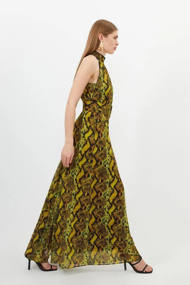 Snake Print Georgette Woven Halter Pleated Jumpsuit Snake Women Karen Millen Dresses