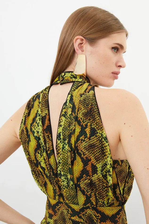 Snake Print Georgette Woven Halter Pleated Jumpsuit Snake Women Karen Millen Dresses