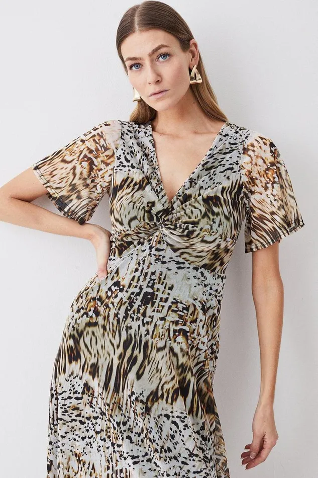 Snake Print Mesh Knot Detail Midaxi Dress Women Karen Millen Dresses