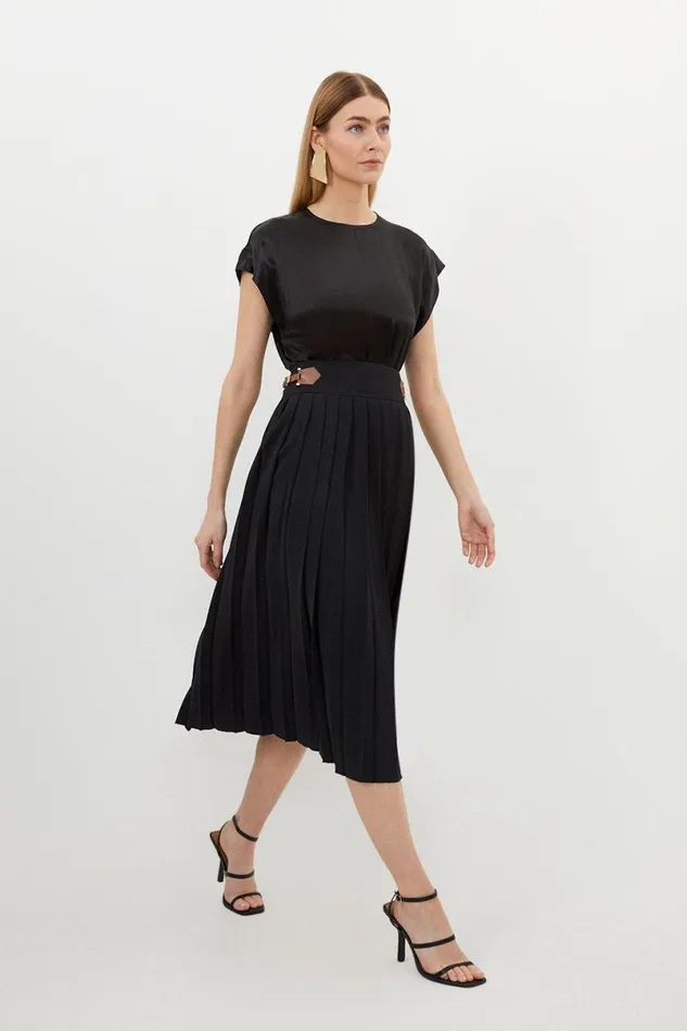 Soft Tailored Crepe Tab Detail Pleated Midi Skirt Black Women Karen Millen Skirts