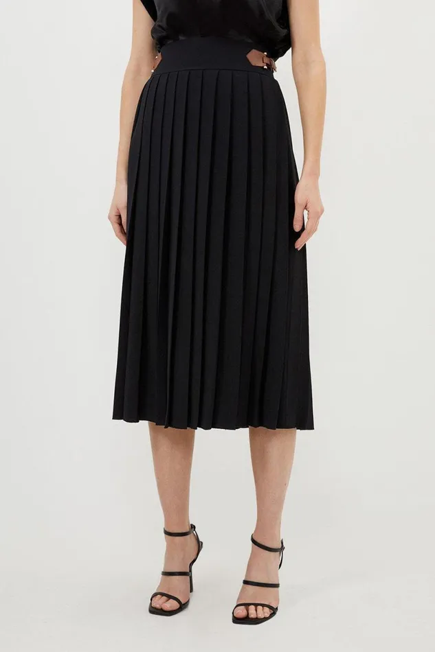 Soft Tailored Crepe Tab Detail Pleated Midi Skirt Black Women Karen Millen Skirts