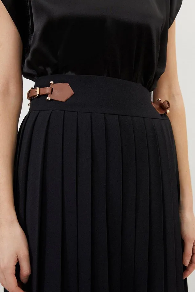 Soft Tailored Crepe Tab Detail Pleated Midi Skirt Black Women Karen Millen Skirts