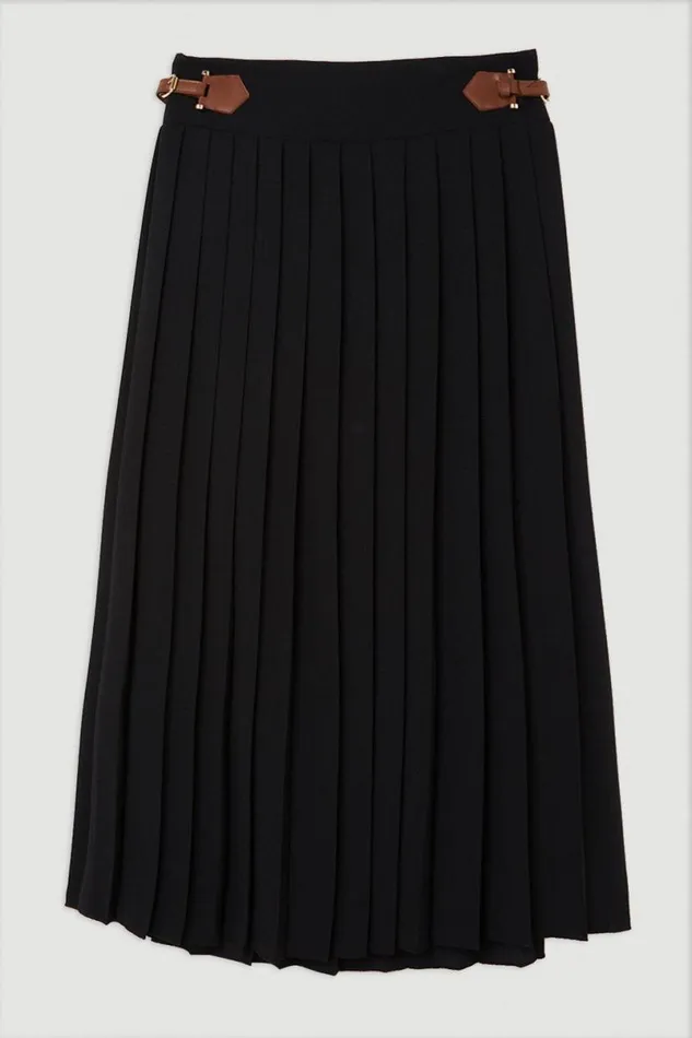 Soft Tailored Crepe Tab Detail Pleated Midi Skirt Black Women Karen Millen Skirts