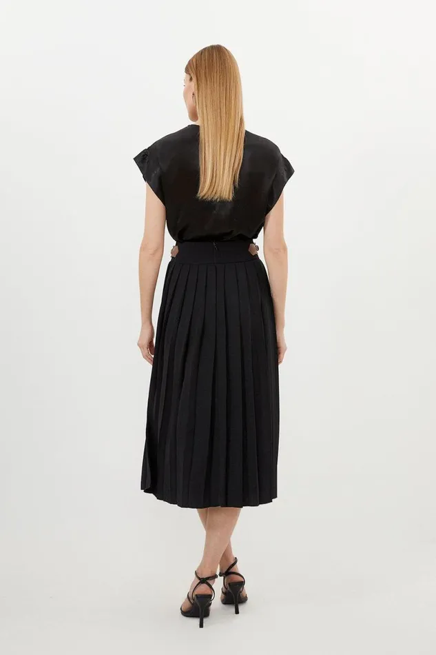 Soft Tailored Crepe Tab Detail Pleated Midi Skirt Black Women Karen Millen Skirts