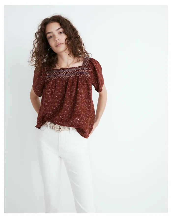 Square Neck Smocked Top In Dotted Vines Rusted Burgundy Women Madewell Tops and Shirts