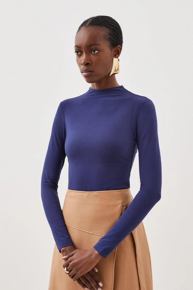 Stretch Cotton Funnel Neck Top Women Karen Millen Tops