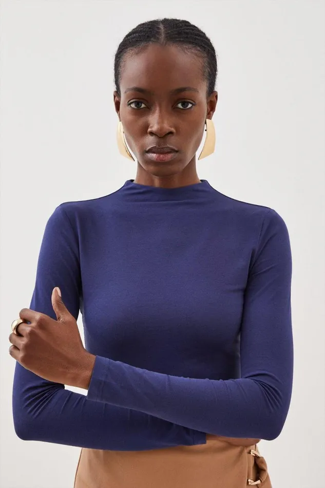 Stretch Cotton Funnel Neck Top Women Karen Millen Tops