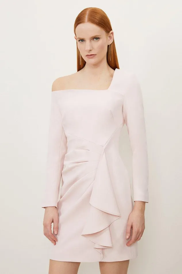 Stretch Crepe Asymmetric Neckline Draped Mini Dress Pale Pink Women Karen Millen Dresses