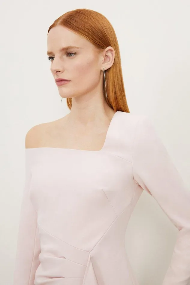 Stretch Crepe Asymmetric Neckline Draped Mini Dress Pale Pink Women Karen Millen Dresses
