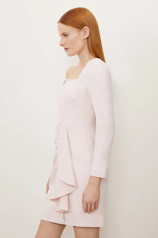 Stretch Crepe Asymmetric Neckline Draped Mini Dress Pale Pink Women Karen Millen Dresses