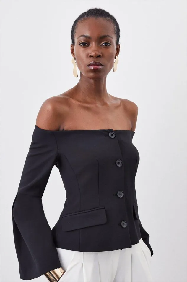 Stretch Crepe Sleeve Detail Bandeau Tailored Jacket Black Women Karen Millen Coats and Jackets