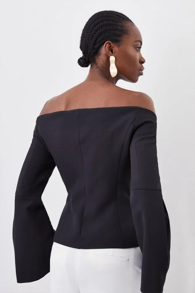 Stretch Crepe Sleeve Detail Bandeau Tailored Jacket Black Women Karen Millen Coats and Jackets