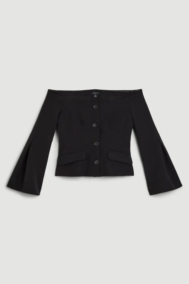 Stretch Crepe Sleeve Detail Bandeau Tailored Jacket Black Women Karen Millen Coats and Jackets