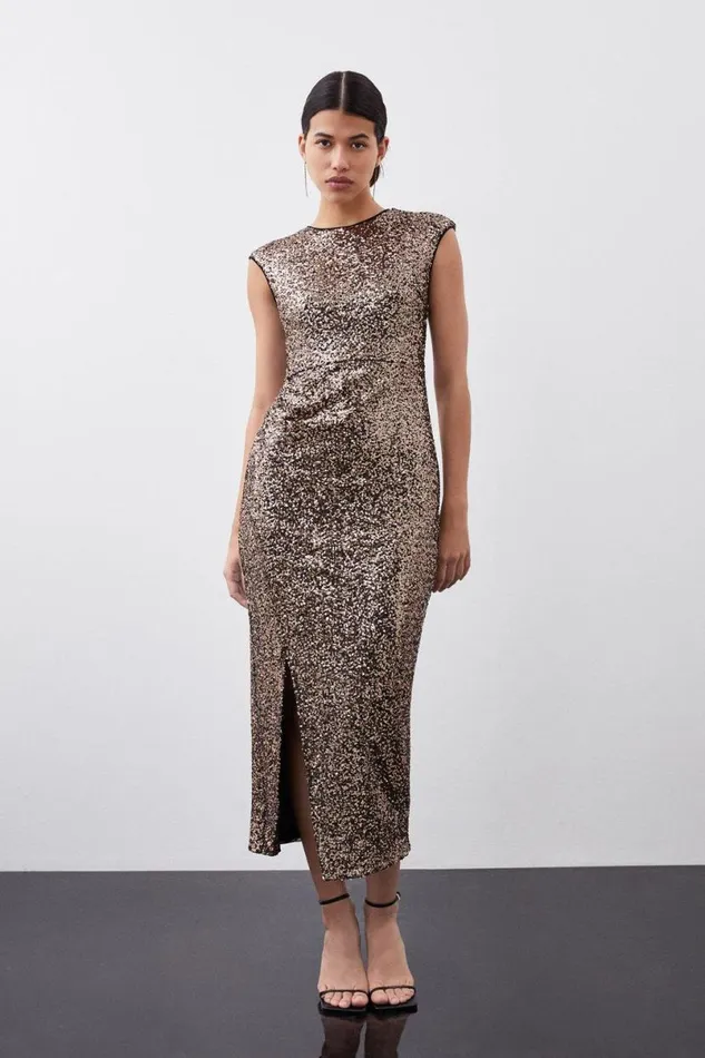 Stretch Sequin Midaxi Dress Gold Women Karen Millen Dresses