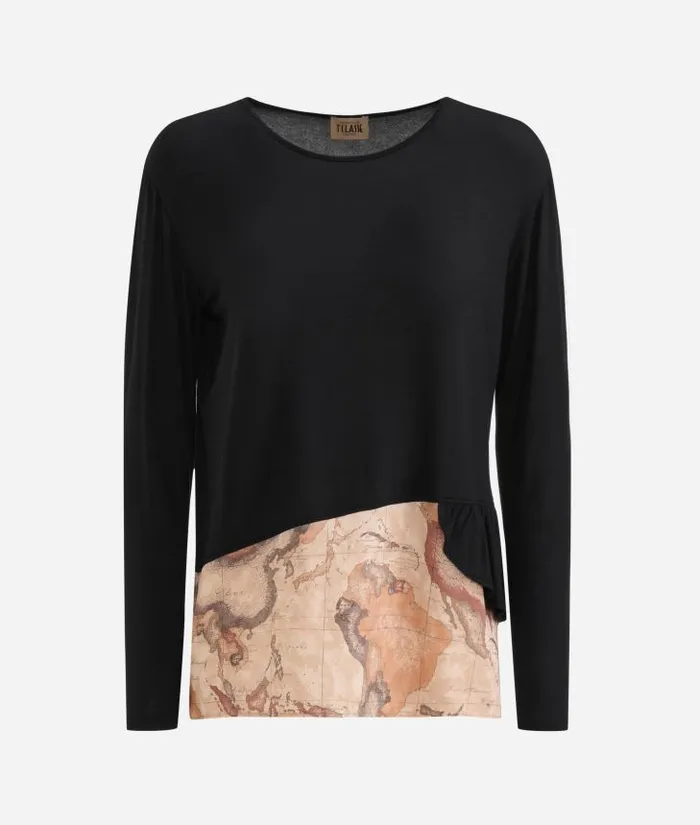Stretch Viscose Jersey TShirt With Geo Classic Flounce Black Woman Alviero Martini Knitwears Shirts and Tops