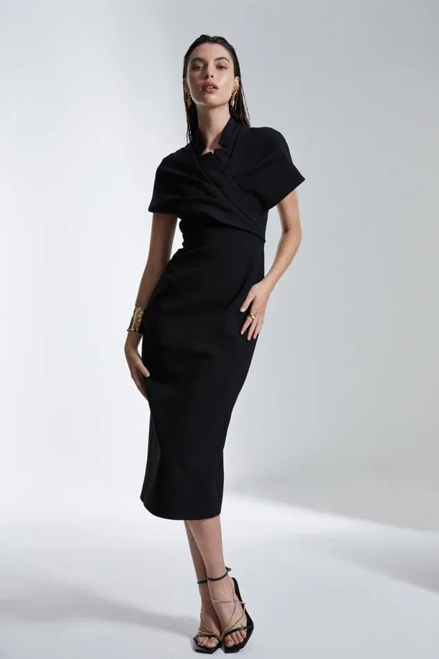 Structured Crepe Cape Detail Midi Dress Black Women Karen Millen Dresses
