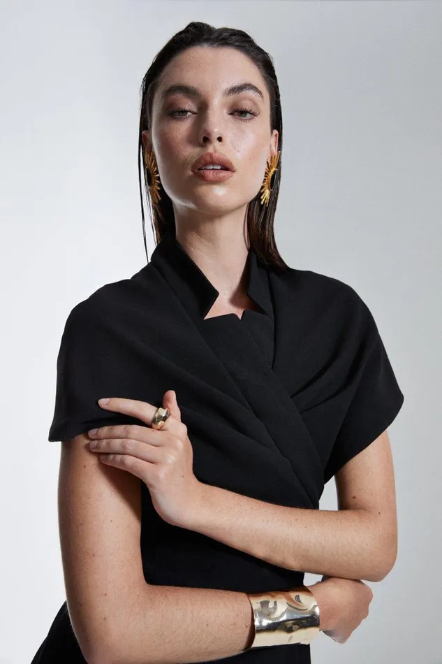 Structured Crepe Cape Detail Midi Dress Black Women Karen Millen Dresses