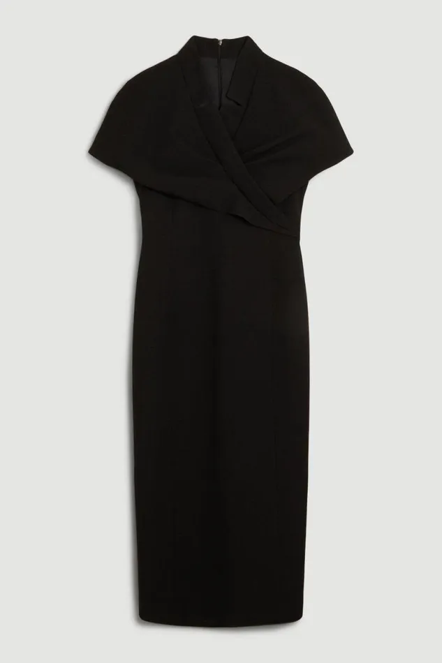 Structured Crepe Cape Detail Midi Dress Black Women Karen Millen Dresses