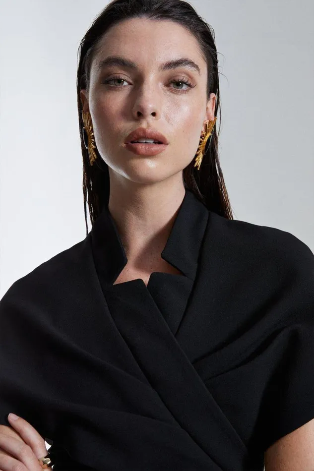 Structured Crepe Cape Detail Midi Dress Black Women Karen Millen Dresses