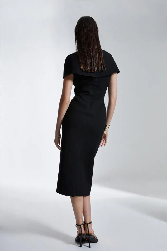 Structured Crepe Cape Detail Midi Dress Black Women Karen Millen Dresses