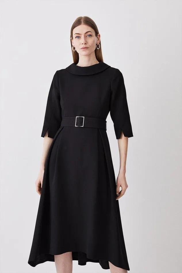 Structured Crepe Roll Neck Dip Hem Midi Dress Black Women Karen Millen Dresses