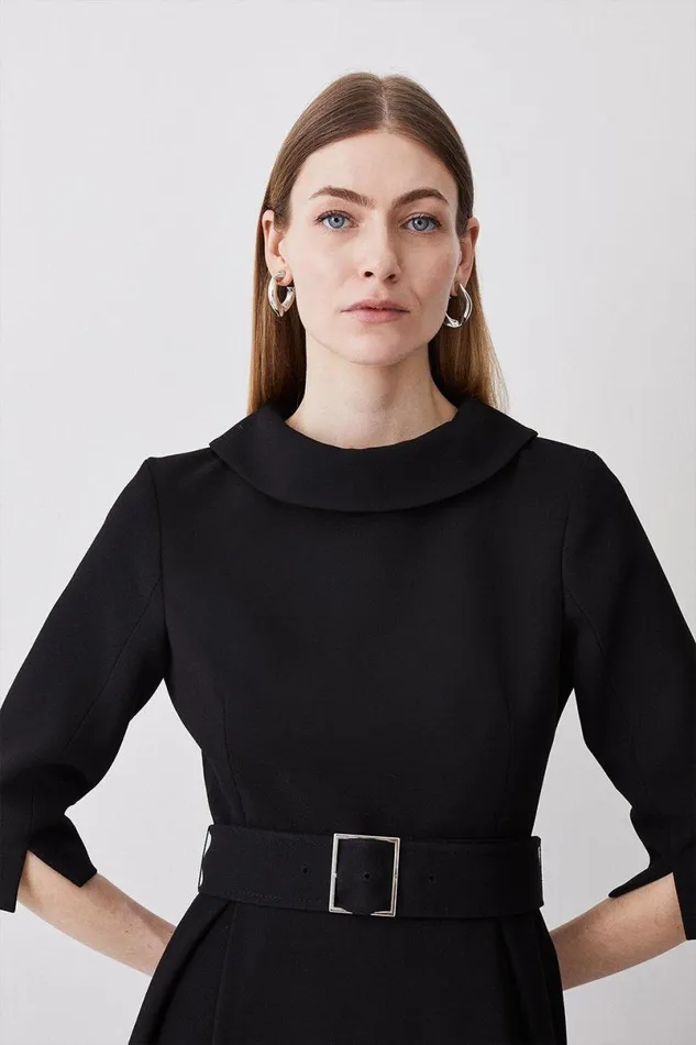 Structured Crepe Roll Neck Dip Hem Midi Dress Black Women Karen Millen Dresses