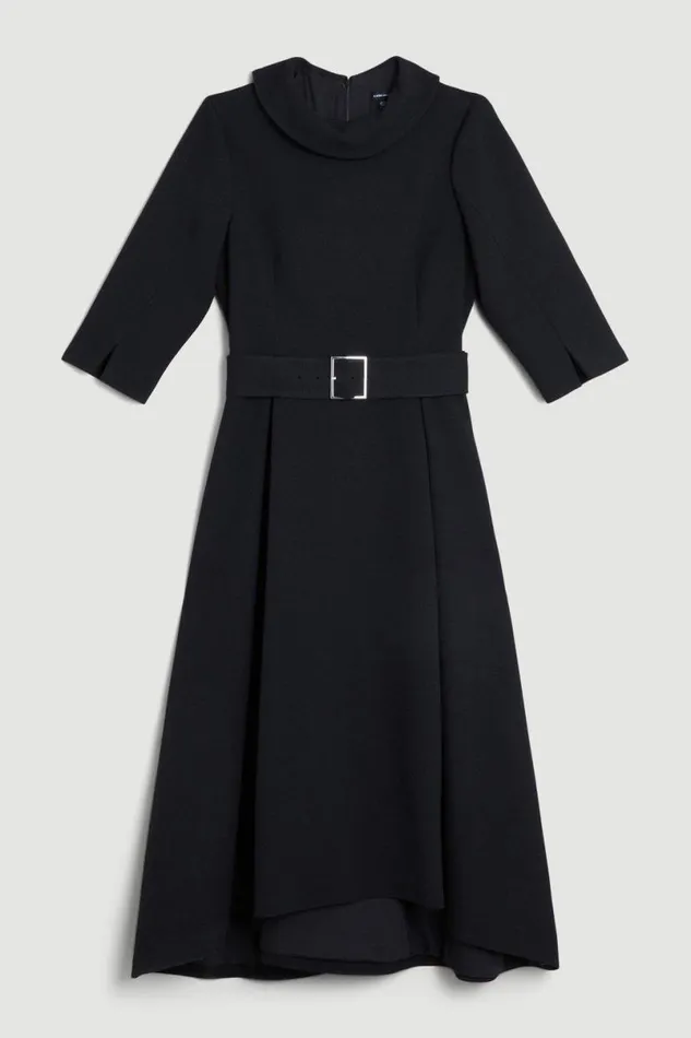 Structured Crepe Roll Neck Dip Hem Midi Dress Black Women Karen Millen Dresses