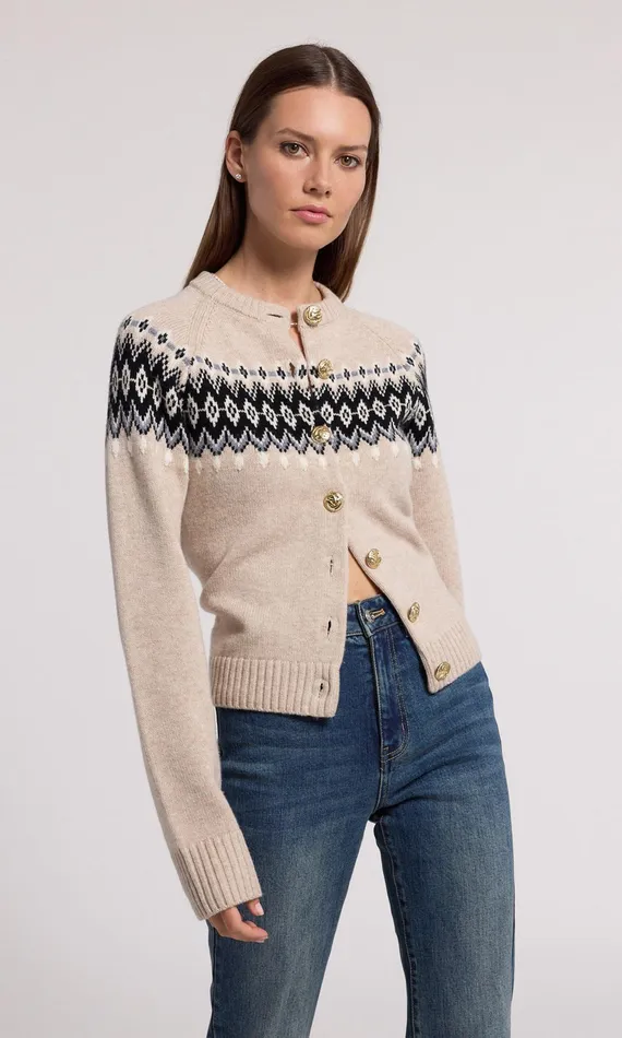 Sweaters and Sweatshirts Women Generation Love Clothing Frances Fair Isle Cardigan Heather Oatmeal