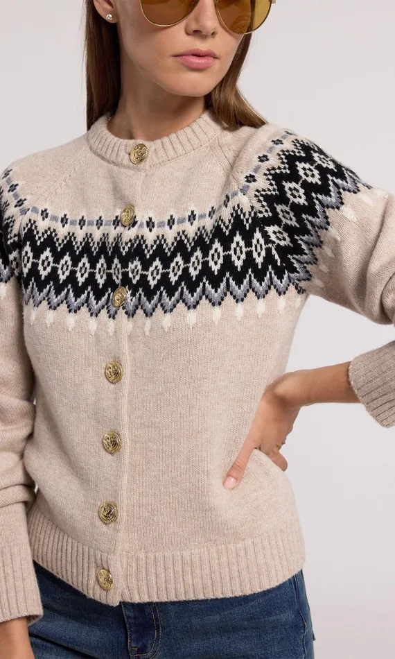 Sweaters and Sweatshirts Women Generation Love Clothing Frances Fair Isle Cardigan Heather Oatmeal
