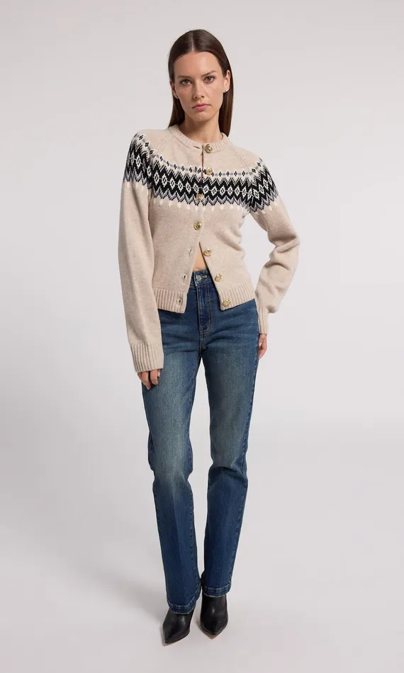 Sweaters and Sweatshirts Women Generation Love Clothing Frances Fair Isle Cardigan Heather Oatmeal