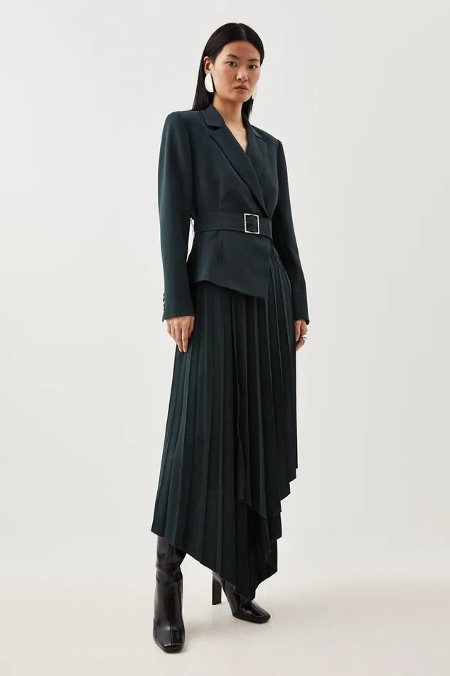 Tailored Blazer Belted Pleated Full Skirt Dress Forest Women Karen Millen Dresses