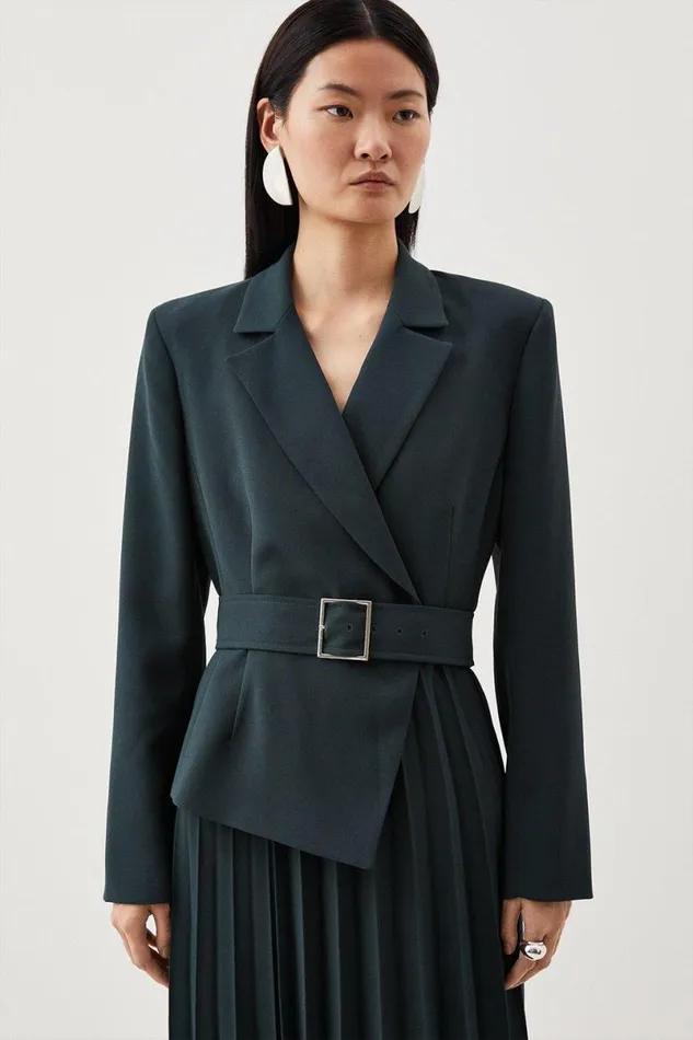Tailored Blazer Belted Pleated Full Skirt Dress Forest Women Karen Millen Dresses