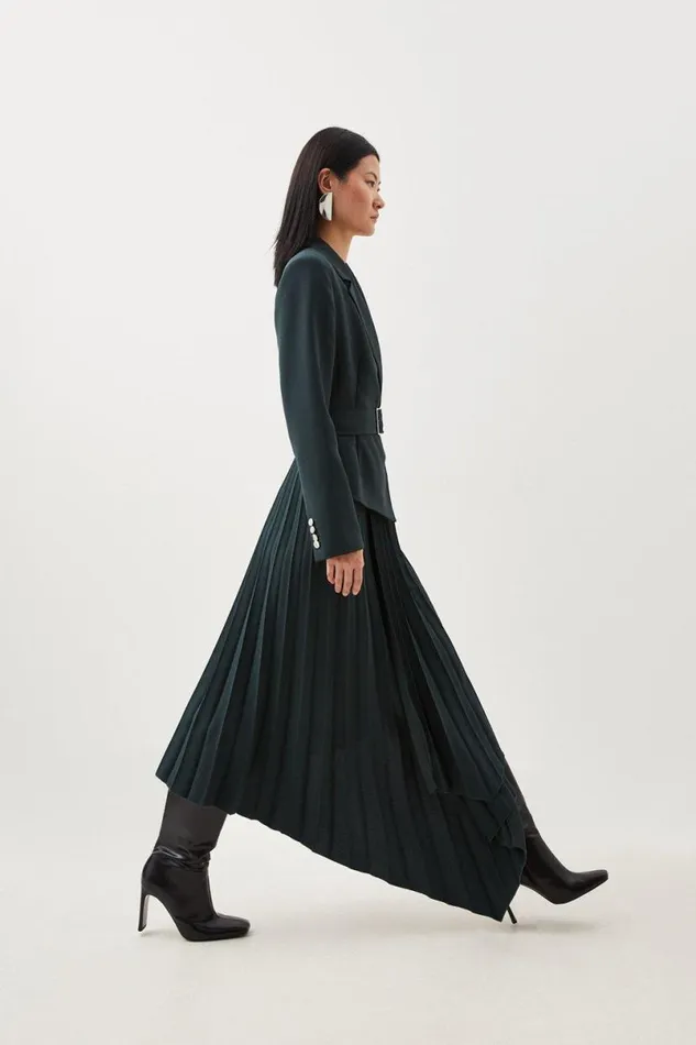 Tailored Blazer Belted Pleated Full Skirt Dress Forest Women Karen Millen Dresses