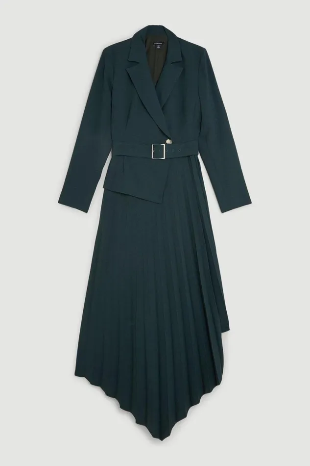 Tailored Blazer Belted Pleated Full Skirt Dress Forest Women Karen Millen Dresses