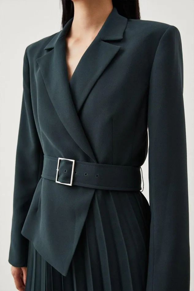 Tailored Blazer Belted Pleated Full Skirt Dress Forest Women Karen Millen Dresses