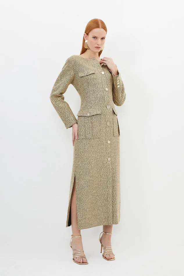 Tailored Boucle Pocket Detail Long Sleeve Midi Dress Multi Women Karen Millen Dresses