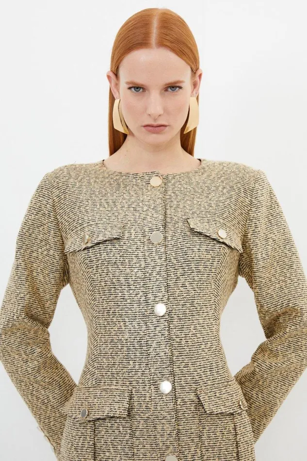 Tailored Boucle Pocket Detail Long Sleeve Midi Dress Multi Women Karen Millen Dresses
