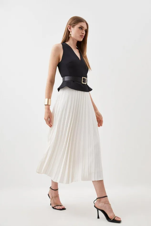 Tailored Compact Stretch Belted Bodice Pleated Midi Dress Women Karen Millen Dresses