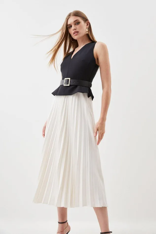 Tailored Compact Stretch Belted Bodice Pleated Midi Dress Women Karen Millen Dresses