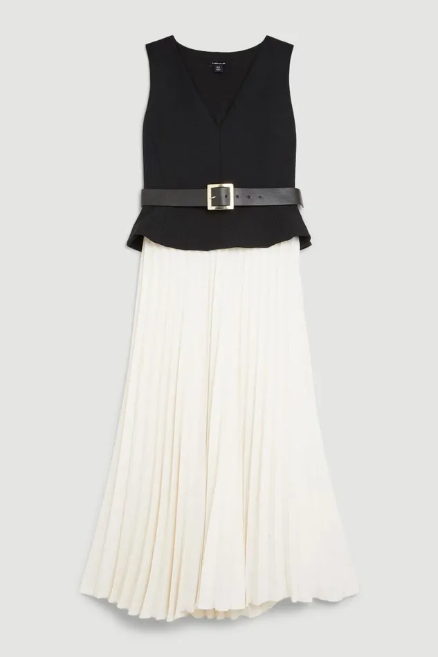 Tailored Compact Stretch Belted Bodice Pleated Midi Dress Women Karen Millen Dresses