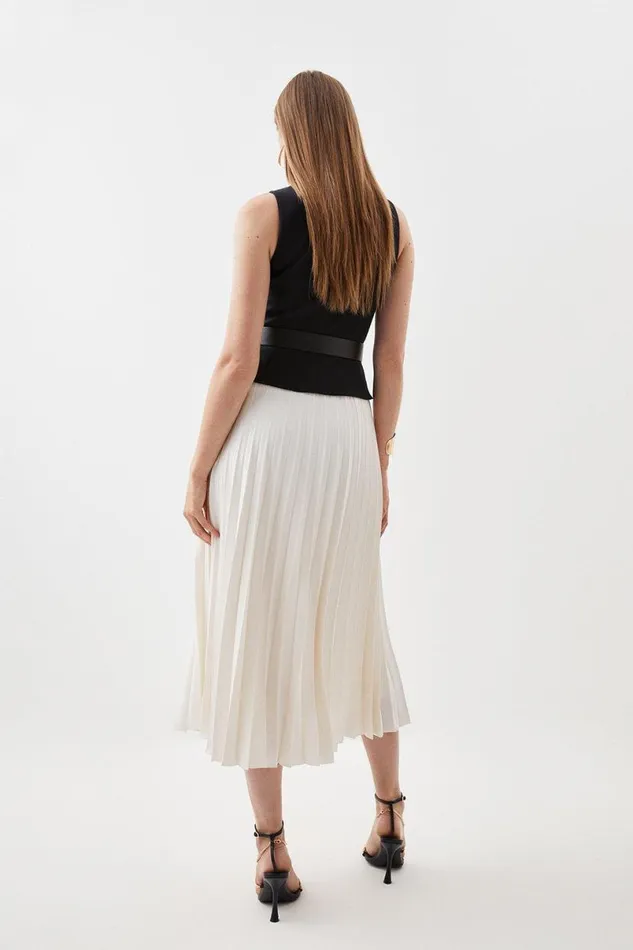 Tailored Compact Stretch Belted Bodice Pleated Midi Dress Women Karen Millen Dresses