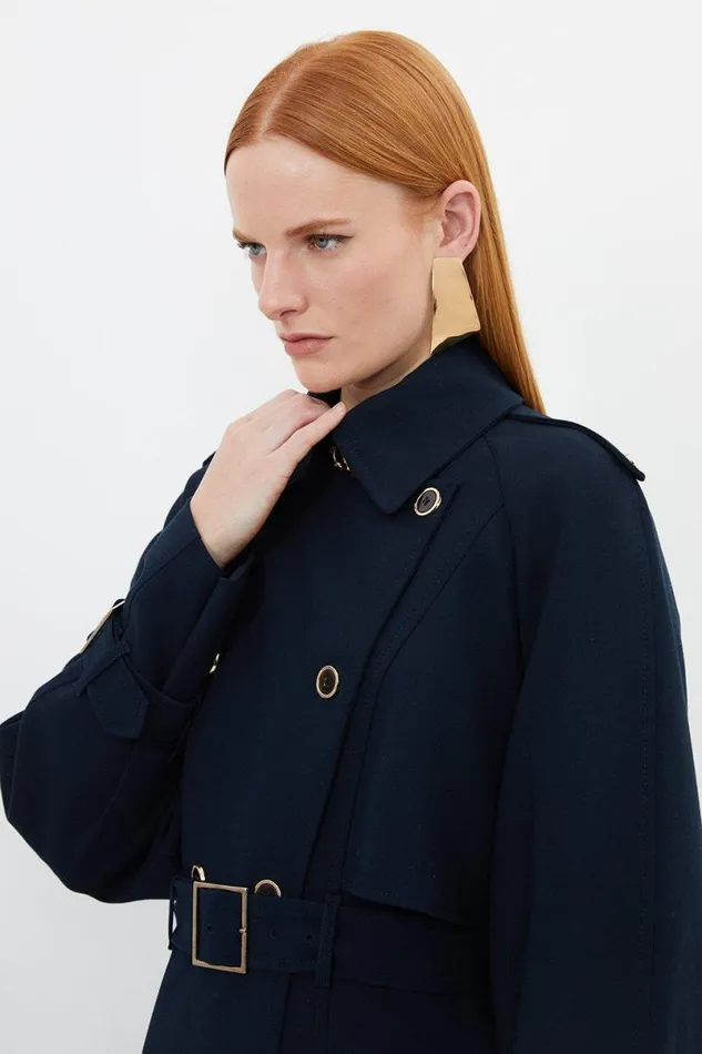 Tailored Compact Stretch Full Skirt Belted Trench Coat Dark Navy Women Karen Millen Coats and Jackets
