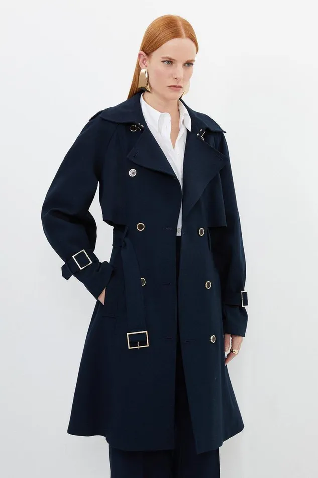 Tailored Compact Stretch Full Skirt Belted Trench Coat Dark Navy Women Karen Millen Coats and Jackets