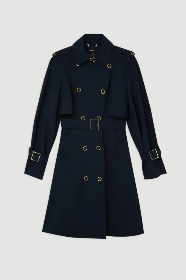 Tailored Compact Stretch Full Skirt Belted Trench Coat Dark Navy Women Karen Millen Coats and Jackets
