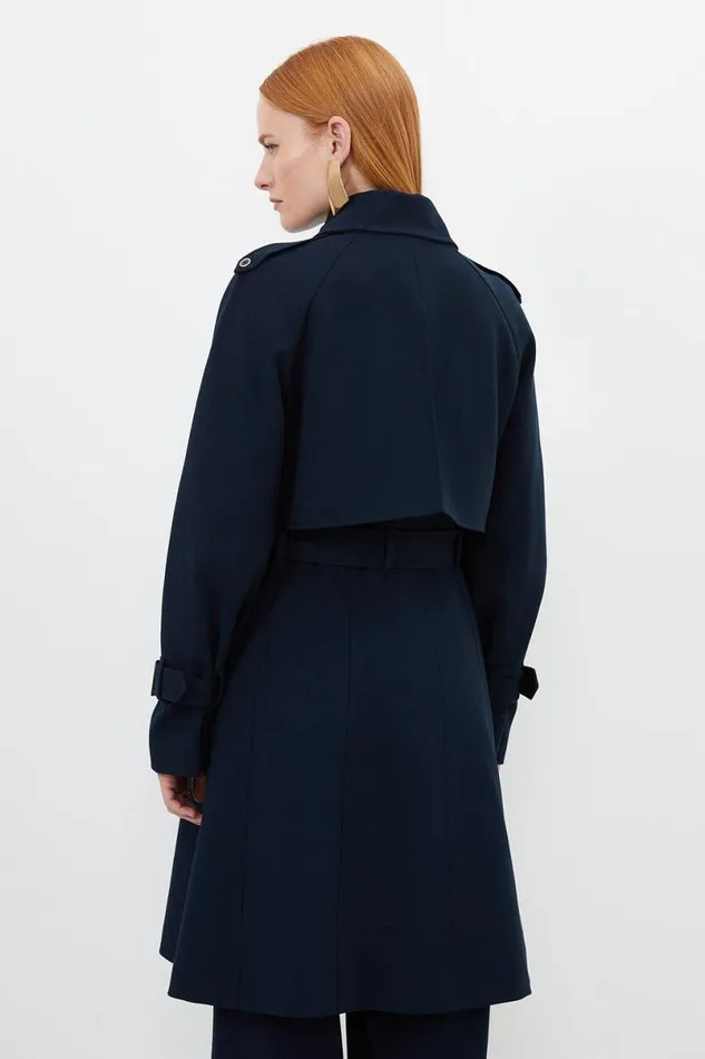 Tailored Compact Stretch Full Skirt Belted Trench Coat Dark Navy Women Karen Millen Coats and Jackets
