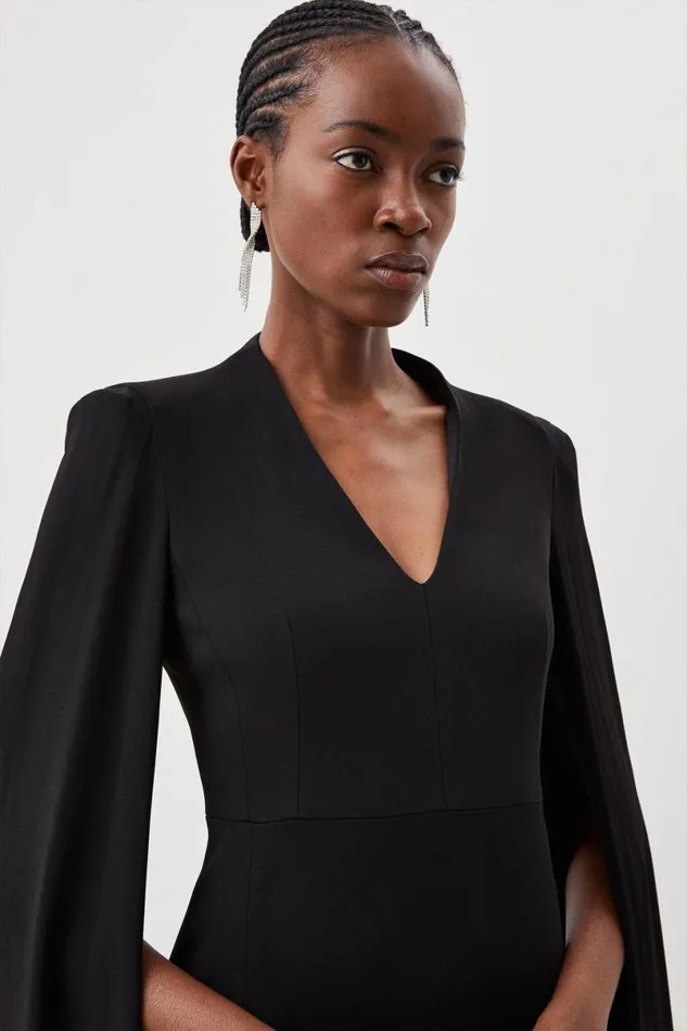 Tailored Compact Stretch Viscose Cape Sleeve Midi Pencil Dress Black Women Karen Millen Dresses
