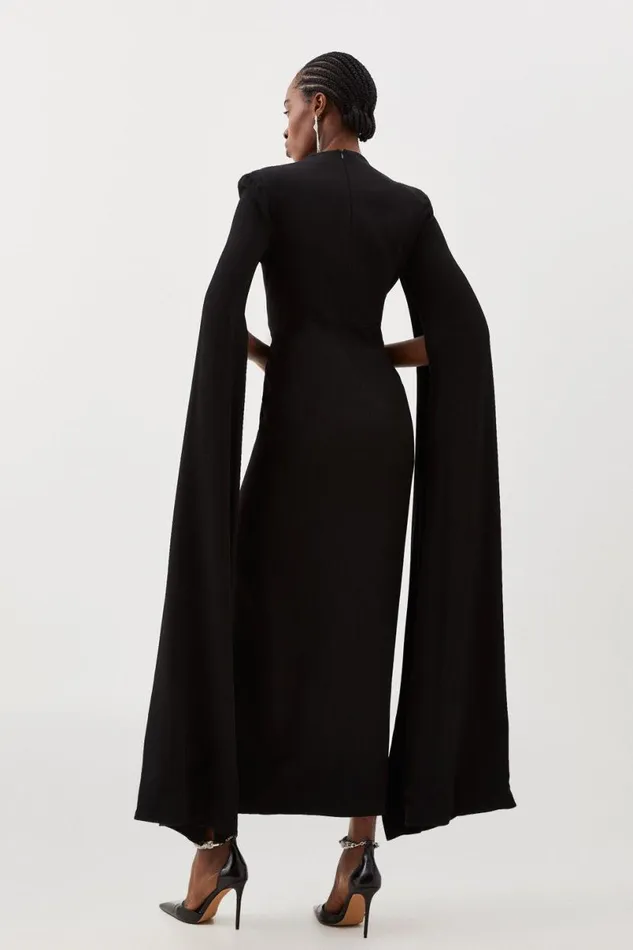 Tailored Compact Stretch Viscose Cape Sleeve Midi Pencil Dress Black Women Karen Millen Dresses