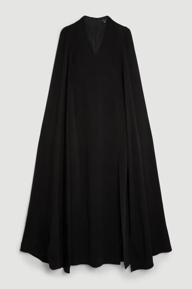 Tailored Compact Stretch Viscose Cape Sleeve Midi Pencil Dress Black Women Karen Millen Dresses
