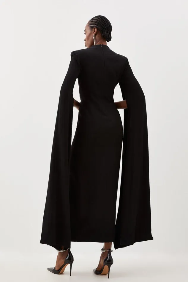Tailored Compact Stretch Viscose Cape Sleeve Midi Pencil Dress Black Women Karen Millen Dresses